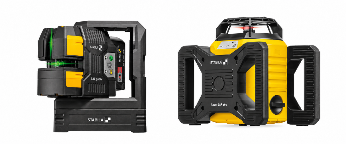 Stabila LAX 500 G cross-line laser beside a Stabila LAR 160 rotating laser