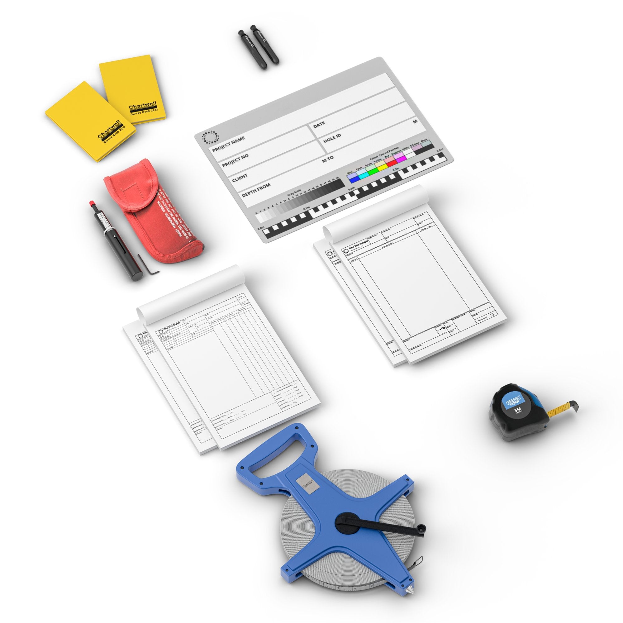 Professional ground investigation field kit with site logging and measurement equipment