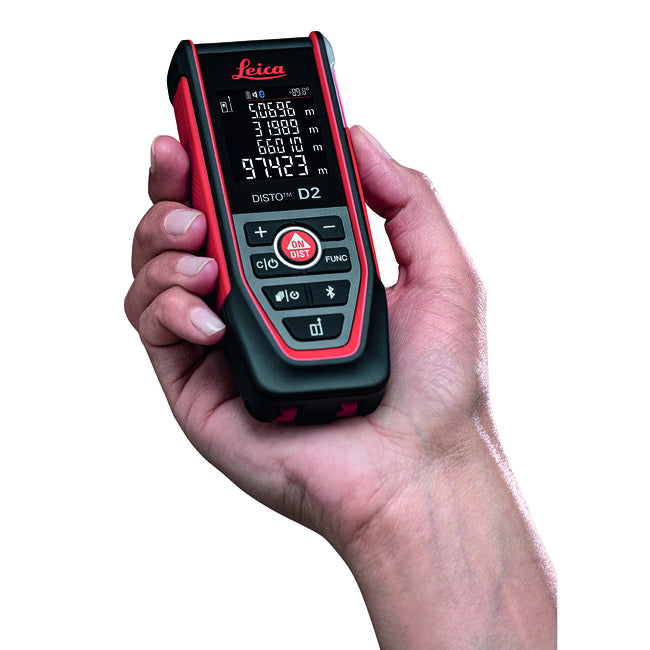 Leica DISTO D2 laser distance meter in use measuring distance