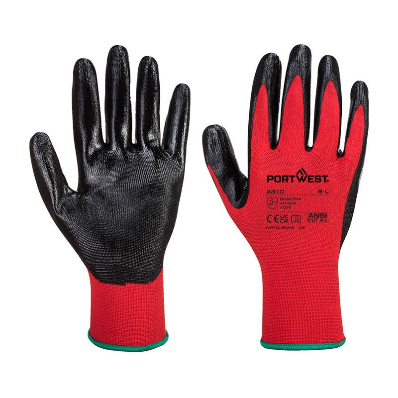 Portwest A310 Flexo Grip Nitrile Gloves – Red/Black (Pack of 10 Pairs)