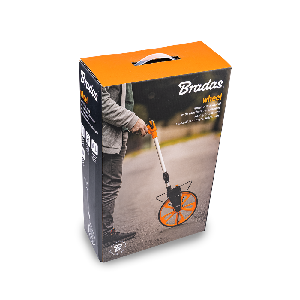 Folded measuring wheel with aluminium handle and fold-out stand
