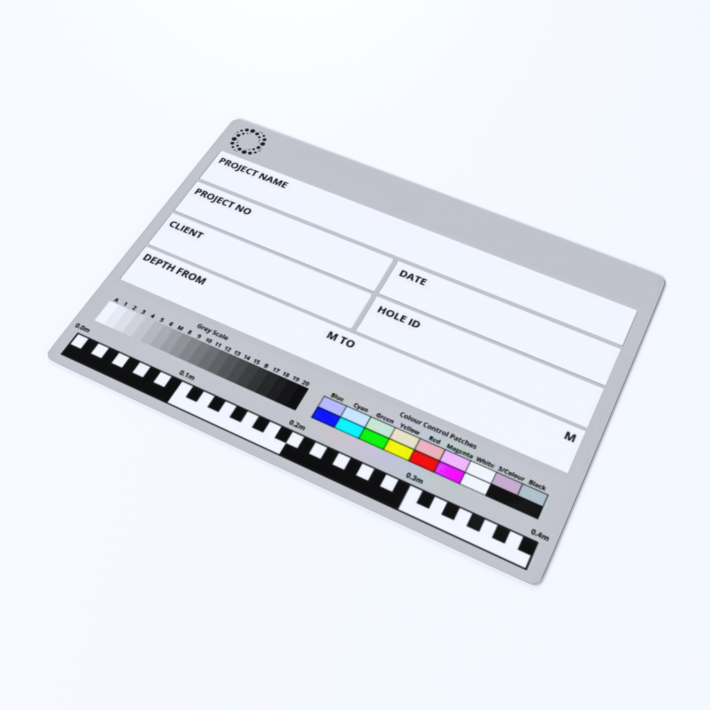 A3 geotechnical photo board with colour scale and depth ruler