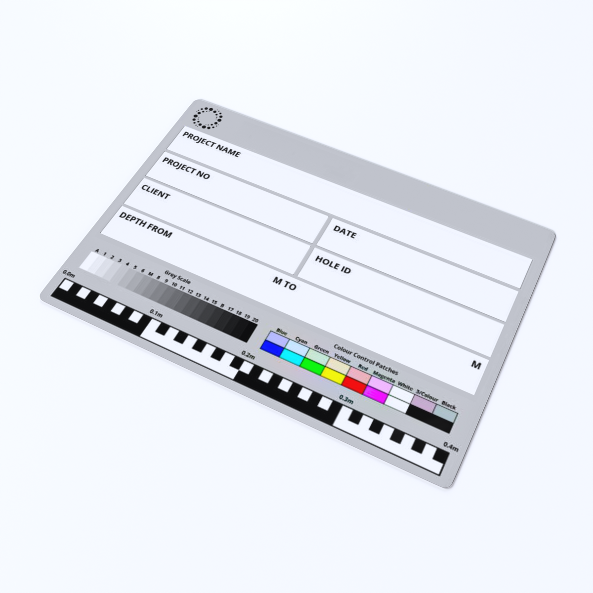 A3 geotechnical photo board with colour scale and depth ruler