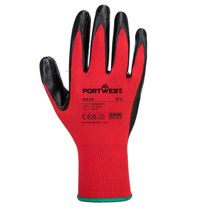 Portwest A310 Flexo Grip Nitrile Gloves – Red/Black (Pack of 10 Pairs)