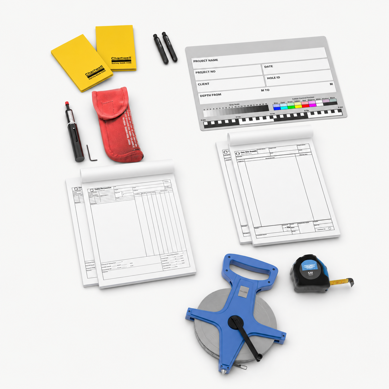 Ground Investigation Field Kit with log books, photo board and measuring equipment
