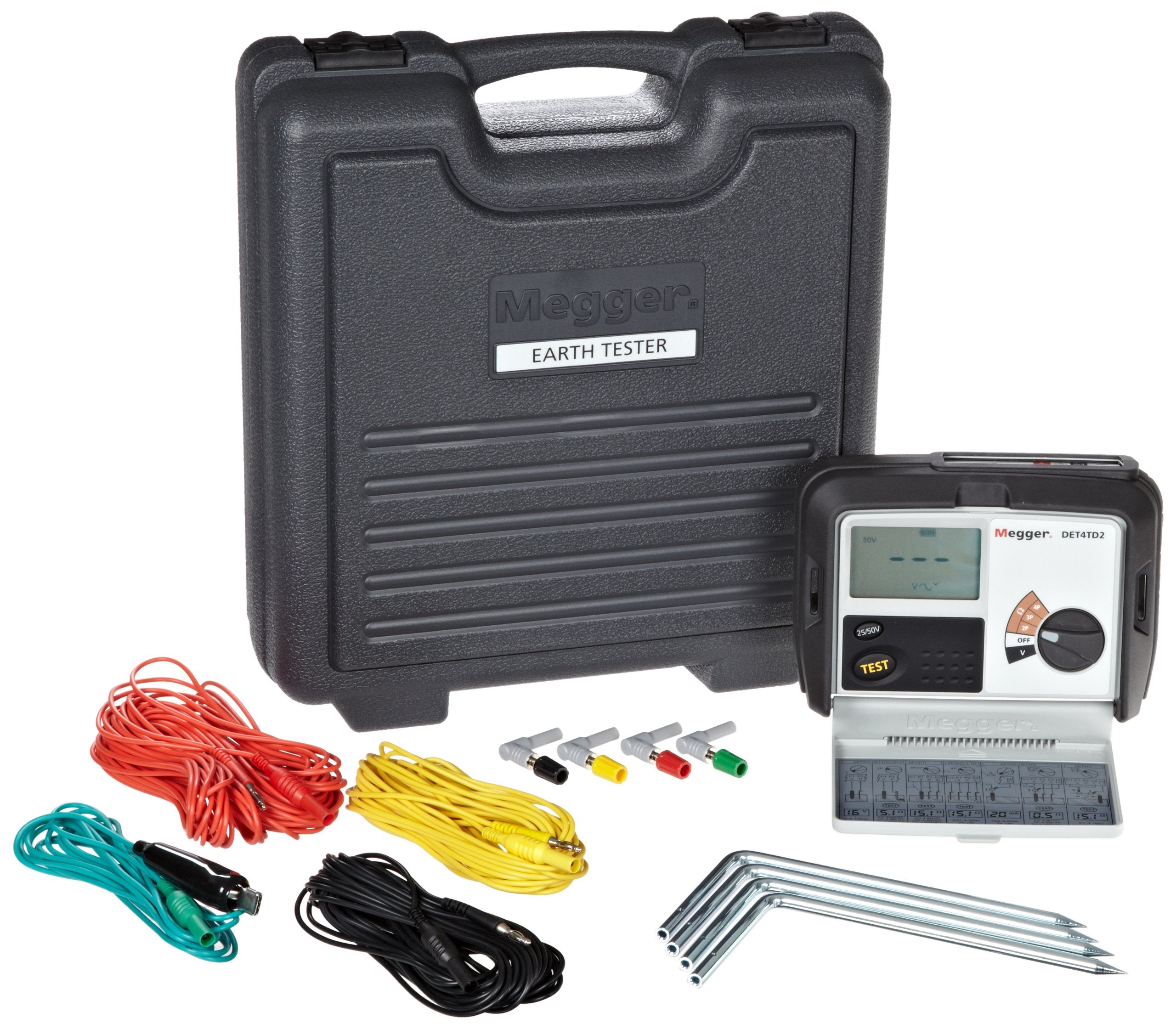 Megger DET4TD2 earth and soil resistivity tester kit on white background